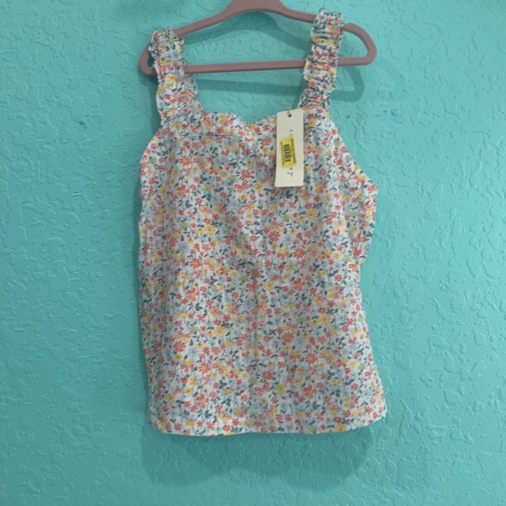 Copper Key White Floral Smocked Strap Tank with Pink, Yellow & Blue Flowers